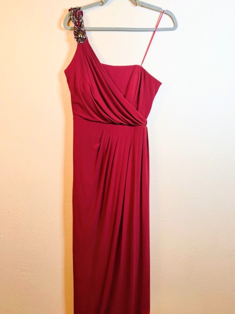 R&M Richards Garnet One-Shoulder Evening Gown with Beaded Strap